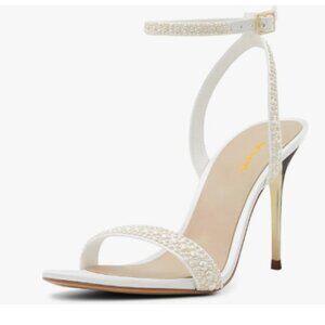 XYD White Stiletto Heels Open Toe Pearl Sandals Ankle Strap with Buckle Shoes